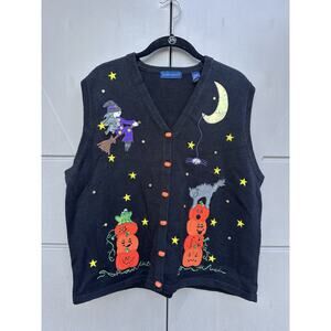 VTG Karen Scott Black Halloween Witch Cat Knit Button Sweater Vest Ramie Sz XL